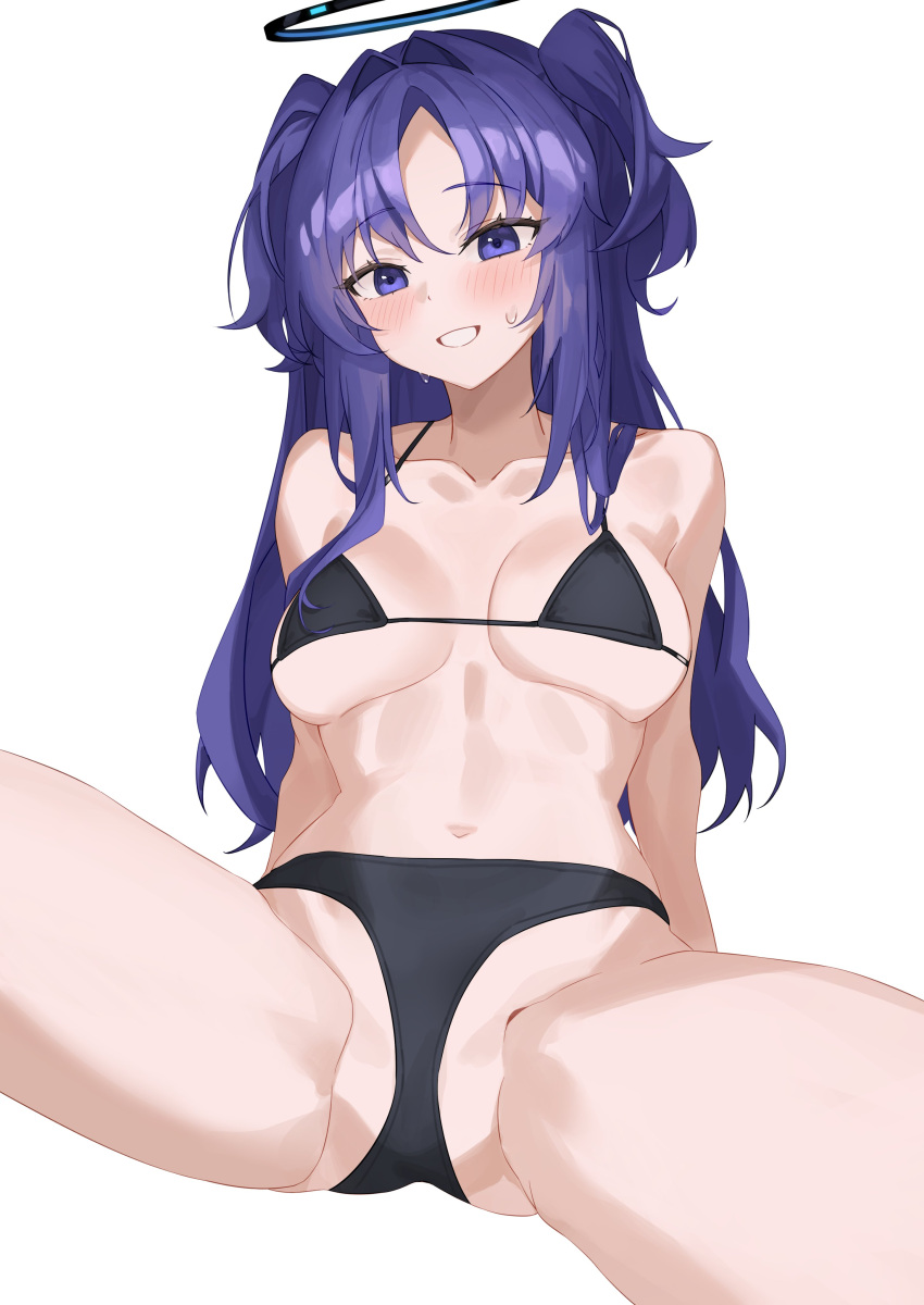 absurdres alternate_costume bikini black_bikini black_halo blue_archive breasts female halo hido88 highres mechanical_halo navel purple_eyes purple_hair simple_background solo spread_legs swimsuit triangle_hair_ornament white_background yuuka_(blue_archive)