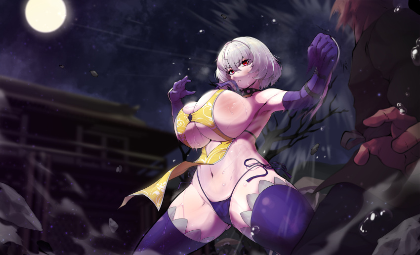 >:( 1boy absurdres armpits artier's_character artist_request bare_hips bare_shoulders bob_cut breasts bruise bruise_on_chest bruise_on_face cleavage cleavage_cutout clenched_hand clothing_cutout dress elbow_gloves female fighting flying_sweatdrops gloves highres injury large_breasts mixed-sex_combat moon navel night night_sky non-web_source original out_of_frame panties pelvic_curtain punching revealing_clothes serious short_hair side-tie_panties skindentation sky stomach sweat sweatdrop thick_thighs thighhighs thighs underwear v-shaped_eyebrows yellow_dress