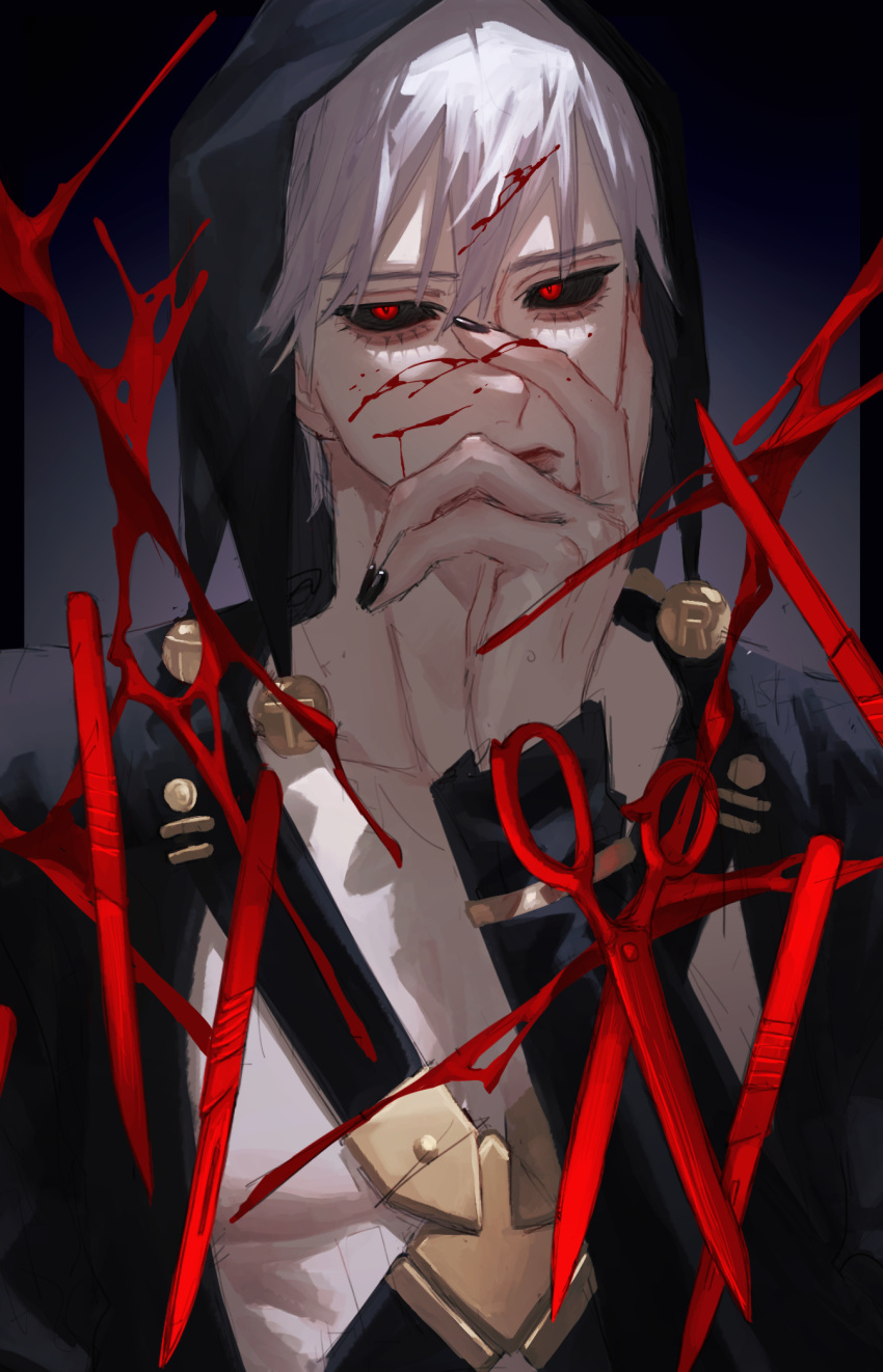 1boy arm_up black_hat black_jacket black_nails black_sclera blood blood_on_face blood_on_hands closed_mouth colored_sclera eyelashes hair_between_eyes hand_on_own_face hat highres jacket jojo_no_kimyou_na_bouken long_sleeves looking_at_viewer male_focus nail_polish red_eyes risotto_nero scalpel scissors short_hair solo tem_1231 upper_body vento_aureo white_hair