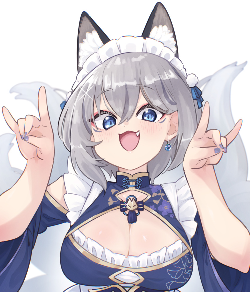 :3 animal_ear_fluff animal_ears blue_dress blue_nails blue_ribbon breasts cleavage clothing_cutout double-parted_bangs double_fox_shadow_puppet dress earrings extra_ears eyeliner facial_mark female fox_ears fox_girl fox_shadow_puppet fox_tail frills grey_hair hair_between_eyes highres inari_iroha jewelry large_breasts looking_at_viewer maid makeup multiple_tails noripro oerba_yun_fang open_mouth qi_maid red_eyeliner ribbon short_hair shoulder_cutout simple_background single_earring smile solo tail upper_body virtual_youtuber white_background white_headdress wide_sleeves yuuki_(yuyuki000)