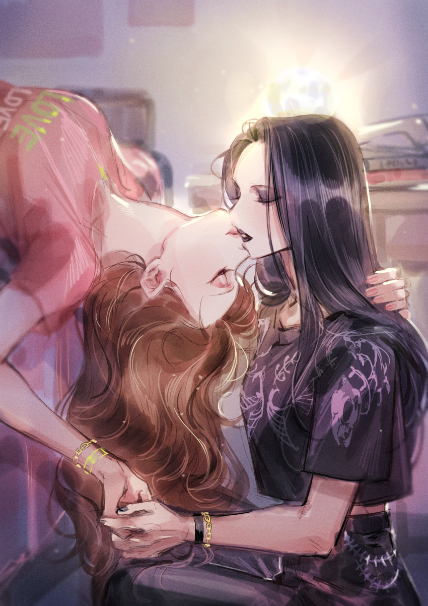 2girls absurdres anssel3 black_eyeshadow black_hair black_lips black_nails black_pants black_shirt bracelet brown_hair closed_eyes commentary eyeshadow hand_in_another's_hair he_xuan highres holding_hands indoors jewelry kissing long_hair makeup multiple_girls pants pink_shirt shi_qingxuan shirt short_sleeves symbol-only_commentary tianguan_cifu yuri