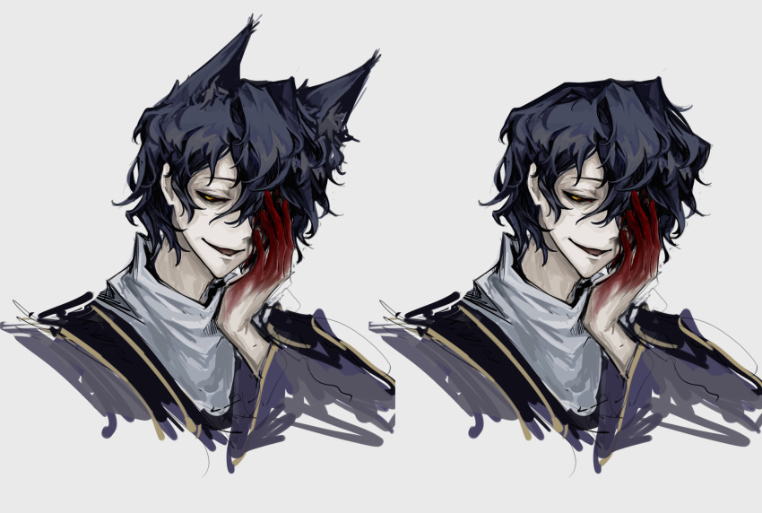 animal_ear_fluff animal_ears black_hair black_jacket black_sclera blood blood_on_hands colored_sclera gold_trim grey_shirt hand_on_own_face highres jacket kemonomimi_mode long_sleeves male_focus multiple_views open_mouth saibou_shinkyoku shirt short_hair smile utsugi_noriyuki wide_sleeves wolf_ears xiaobuou314 yellow_eyes