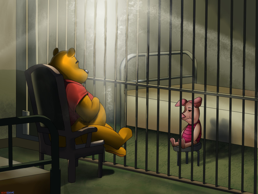 bars bed bottomless chair clothed clothing disney domestic_pig duo feral fur furniture hi_res inside konami male mammal meanookami partially_clothed pig_ears pig_nose piglet piglets_big_game pink_body pink_fur pooh_bear prison prison_cell shirt silent_hill sitting stool suid suina sus_(pig) sweater sweater_vest topwear vest winnie_the_pooh_(franchise) yellow_body yellow_fur