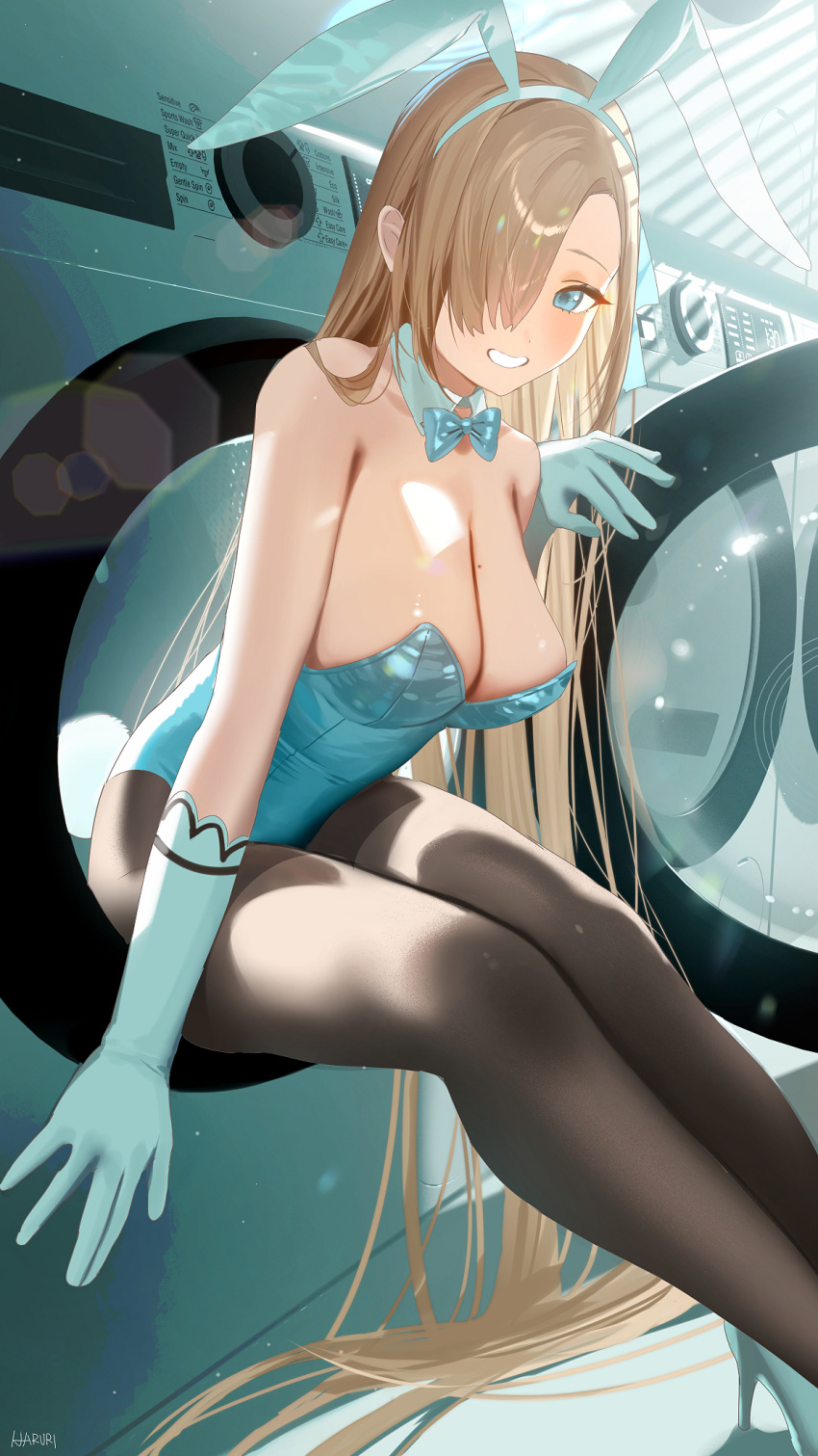 animal_ears asuna_(blue_archive) asuna_(bunny)_(blue_archive) black_pantyhose blue_archive blue_bow blue_bowtie blue_eyes blue_halo blue_leotard blush bow bowtie breasts cleavage commentary detached_collar elbow_gloves female gloves hair_over_one_eye halo haruri highres large_breasts leotard light_brown_hair long_hair looking_at_viewer mole mole_on_breast official_alternate_costume pantyhose rabbit_ears smile solo strapless strapless_leotard symbol-only_commentary very_long_hair washing_machine white_gloves