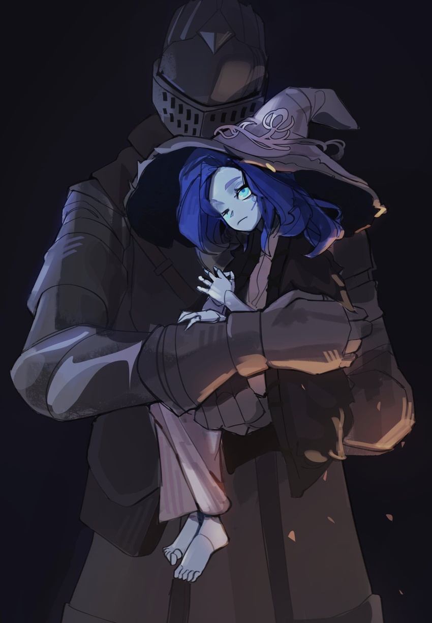 anonymous_gender barefoot blue_body blue_eyes elden_ring eximmetry feet female female_focus fromsoftware hugging ranni_the_witch size_difference tarnished wholesome witch_hat