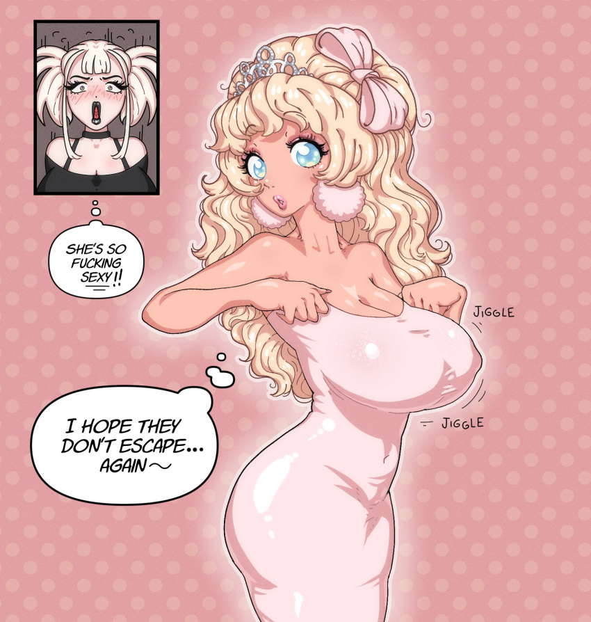 2girls barbie_(fellatrix) black_choker blair_(fellatrix) blonde_hair blue_eyes breasts choker covered_navel deumyy dress earrings english_text highres jewelry large_breasts long_hair multiple_girls original pink_dress pink_lips polka_dot polka_dot_background sleeveless sleeveless_dress speech_bubble thought_bubble tiara