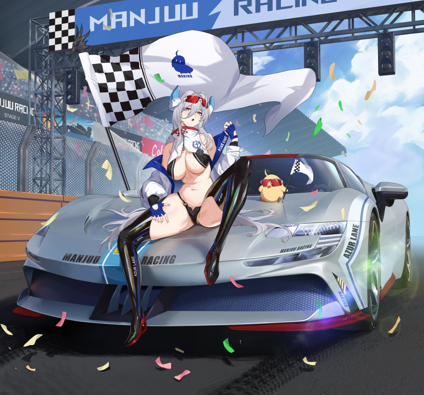 absurdres azur_lane breasts cleavage cola-alter female ferrari ferrari_sf90_stradale hair_between_eyes hair_intakes hakuhou_(azur_lane) highres huge_breasts long_hair looking_at_viewer race_queen solo tagme very_long_hair white_hair yellow_eyes