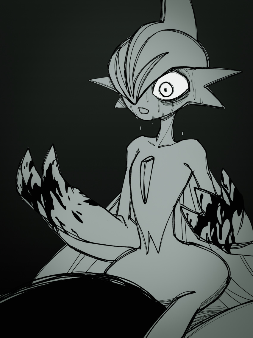 1other arm_blade black_background blood blood_on_hands cape colored_skin crying crying_with_eyes_open facing_to_the_side gallade highres implied_murder kneeling mega_gallade mohawk monochrome on_ground open_hand open_mouth pokemon pokemon_(creature) pokemon_focus scared solo streaming_tears sweat sweatdrop teardrop tears umi-be-to weapon white_cape white_hair white_skin wide-eyed