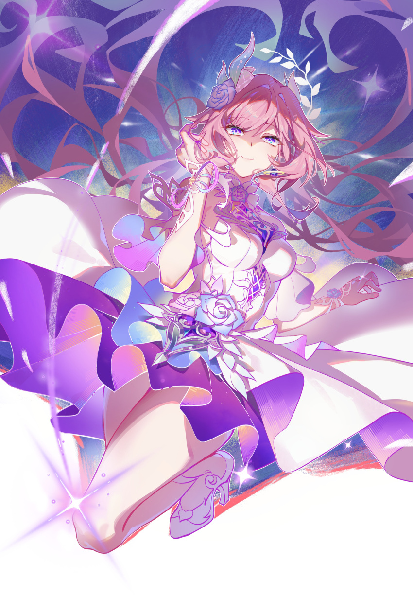 absurdres breasts chinese_commentary commentary_request cyrene_(honkai:_star_rail) cyrene_(ripples_of_past_reverie)_(honkai:_star_rail) diamond-shaped_pupils diamond_(shape) female flower hair_flower hair_ornament halo highres honkai:_star_rail honkai_(series) jingruochuzidongruotuotucr large_breasts long_hair looking_at_viewer pink_hair purple_eyes smile solo symbol-shaped_pupils thighs very_long_hair