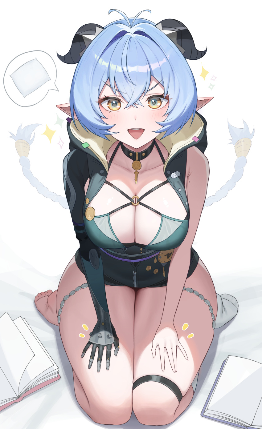 absurdres accessories animal_ears black_horns black_unitard blue_eyes blue_hair blush book bra braid breasts choker cleavage collarbone commentary_request female full_body goat_ears goat_girl goat_horns green_bra hair_between_eyes hair_intakes hands_on_own_legs highres hood horizontal_pupils horns key key_choker knee_strap lap_pillow_invitation large_breasts long_hair looking_at_viewer lucia_elowen medallion mole mole_on_arm multicolored_eyes no_shoes open_mouth pillow pointy_ears seiza single_bare_foot single_bare_shoulder single_sleeve single_sock sitting socks solo sparkle speech_bubble spoken_object triangle_mouth twin_braids underwear unnunal_(unneonal) v-shaped_eyebrows white_background white_socks yellow_eyes zenless_zone_zero