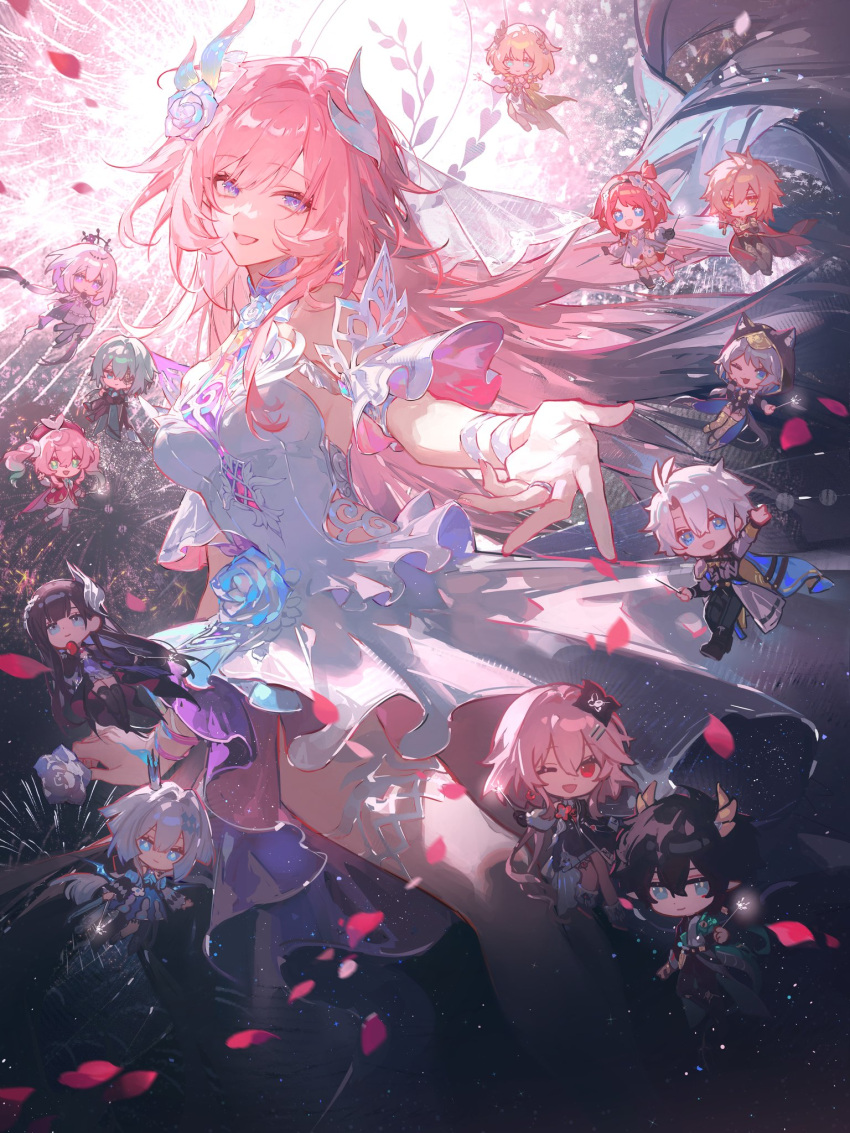 4boys 6+girls aglaea_(honkai:_star_rail) anaxa_(honkai:_star_rail) bare_shoulders breasts castorice_(honkai:_star_rail) cerydra_(honkai:_star_rail) chibi chrysos_heirs_(honkai:_star_rail) cipher_(honkai:_star_rail) commentary cyrene_(honkai:_star_rail) cyrene_(ripples_of_past_reverie)_(honkai:_star_rail) dan_heng_(honkai:_star_rail) dan_heng_(permansor_terrae)_(honkai:_star_rail) dress evernight_(honkai:_star_rail) feet_out_of_frame flower hair_flower hair_ornament highres holding holding_flower honkai:_star_rail honkai_(series) hyacine_(honkai:_star_rail) hysilens_(honkai:_star_rail) long_dress long_hair looking_at_viewer march_7th_(honkai:_star_rail) medium_breasts multiple_boys multiple_girls mydei_(honkai:_star_rail) offering_hand open_mouth outstretched_arm phainon_(honkai:_star_rail) pink_petals purple_eyes purple_flower purple_rose renjian_shilian rose smile symbol-only_commentary tribbie_(honkai:_star_rail) very_long_hair white_dress