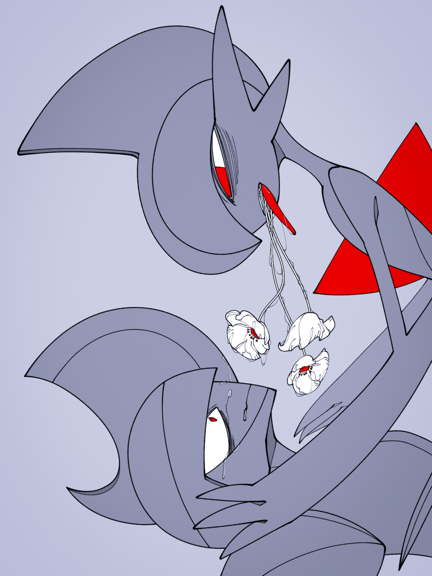 2others arm_blade bisharp body_horror clenched_teeth facing_another flower flower_in_mouth gallade grey_helmet half-closed_eyes hand_on_another's_face hands_on_another's_shoulders helmet highres looking_at_another looking_down looking_up mohawk multiple_others open_mouth out_of_frame parasite partially_colored pokemon pokemon_(creature) pokemon_focus red_eyes saliva saliva_trail shoulder_pads spot_color surprised teeth tongue tongue_out umi-be-to weapon white_background white_flower wide-eyed