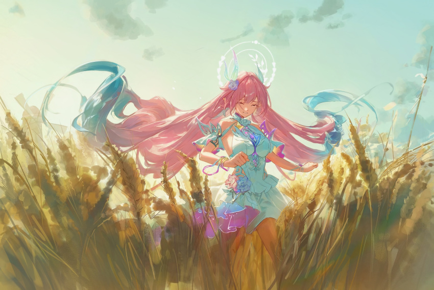 aqua_hair bare_shoulders blue_sky breasts chinese_commentary commentary_request cyrene_(honkai:_star_rail) cyrene_(ripples_of_past_reverie)_(honkai:_star_rail) dress female halo highres honkai:_star_rail honkai_(series) large_breasts long_hair miaooon multicolored_hair outdoors pink_hair sky solo tears two-tone_hair very_long_hair wheat wheat_field white_dress