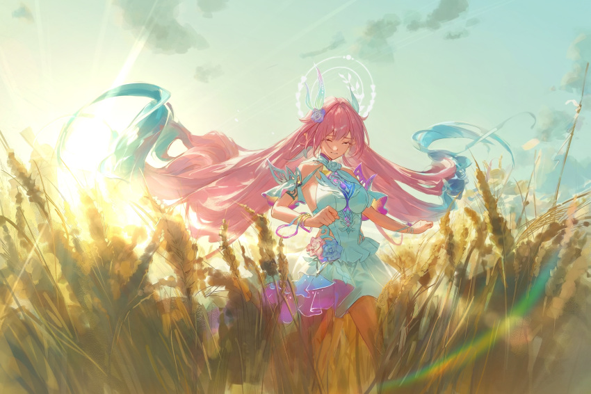 aqua_hair bare_shoulders blue_sky breasts chinese_commentary commentary_request cyrene_(honkai:_star_rail) cyrene_(ripples_of_past_reverie)_(honkai:_star_rail) dress female halo highres honkai:_star_rail honkai_(series) large_breasts long_hair miaooon multicolored_hair outdoors pink_hair sky solo sunlight tears two-tone_hair very_long_hair wheat wheat_field white_dress