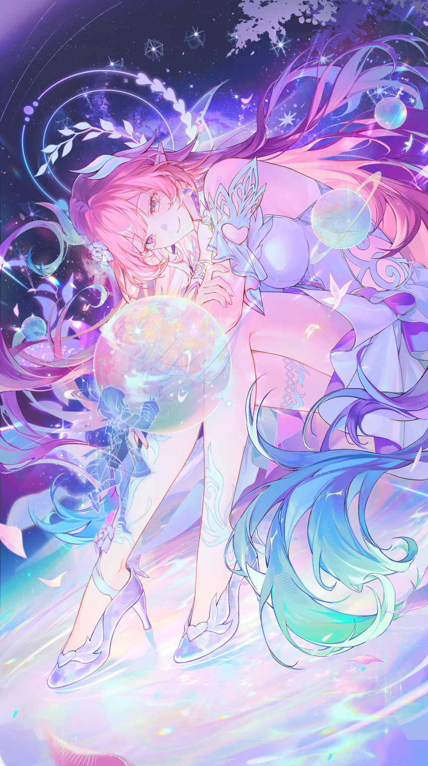 absurdres aqua_hair bare_shoulders bina_(sebin_13) breasts commentary cyrene_(honkai:_star_rail) cyrene_(ripples_of_past_reverie)_(honkai:_star_rail) diamond-shaped_pupils diamond_(shape) dress english_commentary female halo highres honkai:_star_rail honkai_(series) large_breasts long_hair looking_at_viewer multicolored_hair pink_hair purple_eyes smile solo symbol-shaped_pupils two-tone_hair very_long_hair white_dress