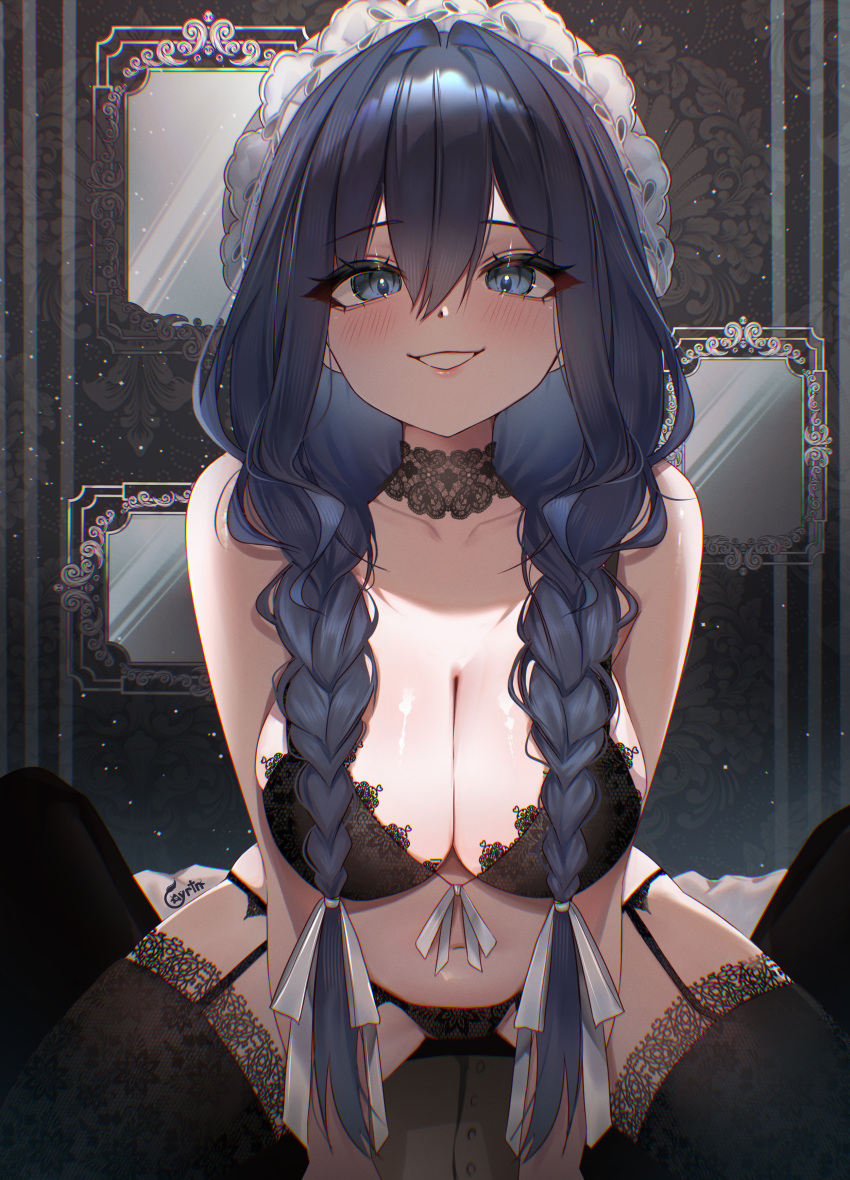 :d absurdres adapted_costume ayrinsama black_bra black_panties black_thighhighs blue_eyes blue_hair bra breasts choker commentary female flower grin hair_flower hair_ornament hat highres hololive hololive_english lace lace-trimmed_bra lace-trimmed_thighhighs lace_choker lace_trim large_breasts long_hair looking_at_viewer low_twintails mob_cap navel official_alternate_hairstyle ouro_kronii ouro_kronii_(maid) panties ribbon smile solo thighhighs twintails underwear underwear_only virtual_youtuber white_ribbon