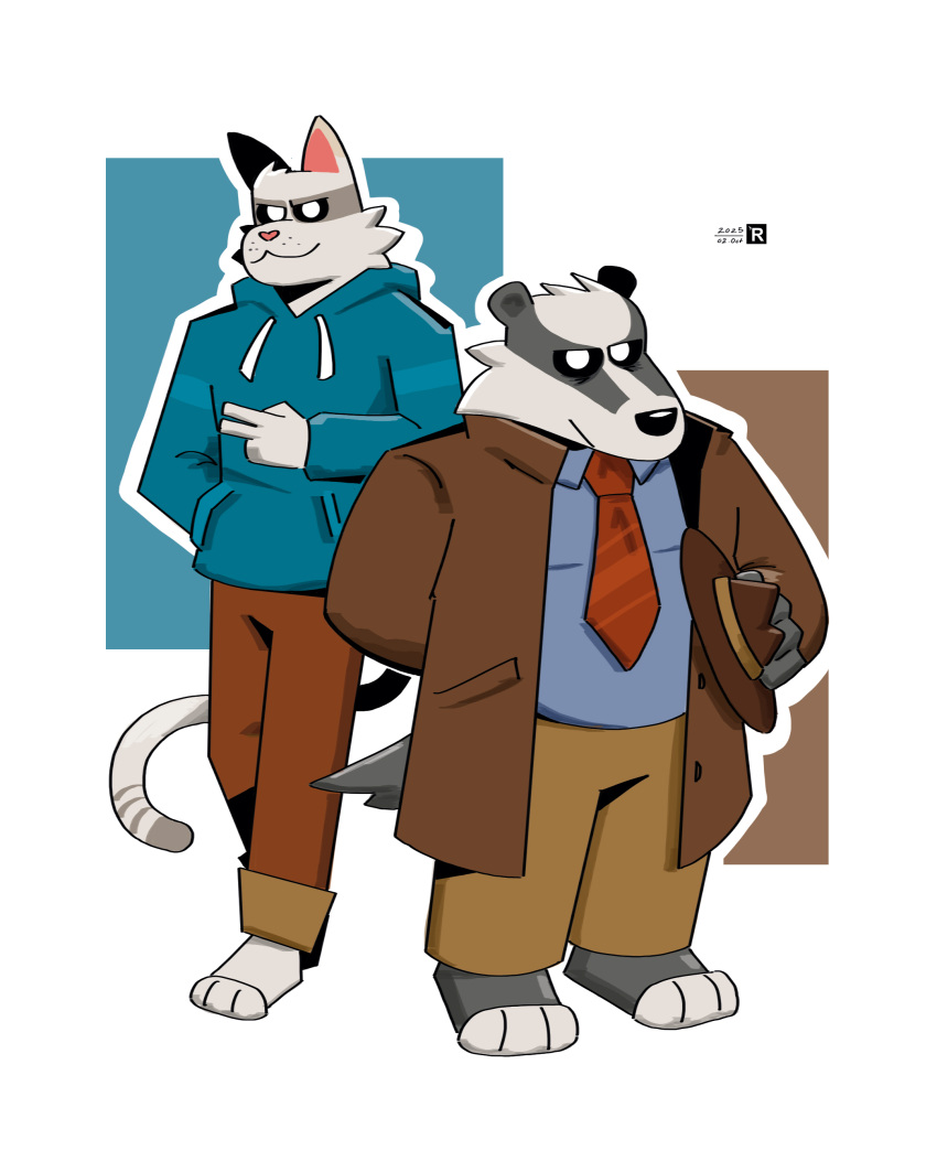 2025 4:5 absurd_res anthro badger badgercat beastly_crimes beastly_crimes_(2024) black_nose bottomwear chief_badger clothing domestic_cat duo felid feline felis hi_res humanoid_hands male mammal mustelid musteline necktie pants reidem shirt simple_background slightly_chubby standing topwear