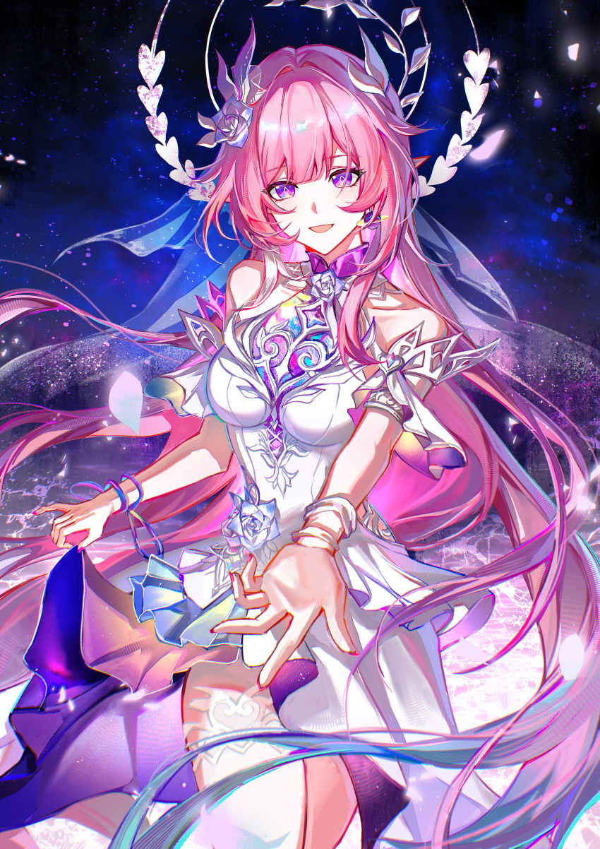 absurdres bare_shoulders breasts cyrene_(honkai:_star_rail) cyrene_(ripples_of_past_reverie)_(honkai:_star_rail) diamond-shaped_pupils diamond_(shape) dress female floating_hair flower hair_flower hair_ornament highres honkai:_star_rail honkai_(series) long_hair offering_hand pink_hair pointy_ears purple_eyes qiaose33912 smile solo symbol-shaped_pupils very_long_hair white_dress