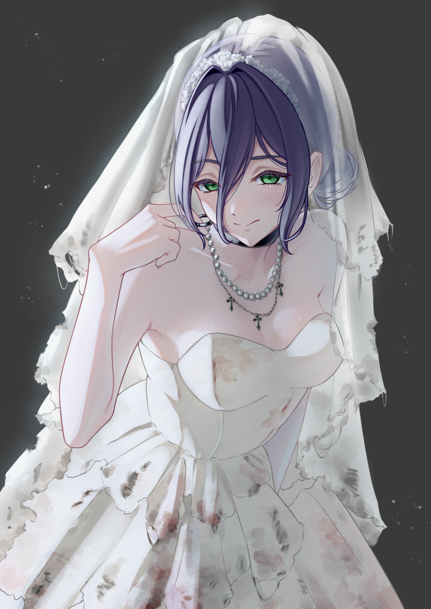 absurdres black_choker blood blood_on_clothes breasts bridal_veil chainsaw_man choker closed_mouth cross cross_necklace dress female green_eyes grenade_pin grey_background highres jewelry medium_breasts necklace pearl_necklace purple_hair reze_(chainsaw_man) solo strapless strapless_dress udon_mentai veil wedding_dress white_dress