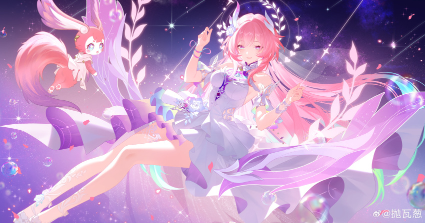 absurdres armlet bare_legs bare_shoulders breasts cyrene_(honkai:_star_rail) cyrene_(ripples_of_past_reverie)_(honkai:_star_rail) dress dual_persona female flower hair_flower hair_ornament highres honkai:_star_rail honkai_(series) jewelry legs long_hair looking_at_viewer medium_breasts mem_(honkai:_star_rail) missing_commentary on_swing pao_wa_cong parted_lips pink_hair purple_eyes purple_flower purple_rose rose smile solo swing thighs very_long_hair white_dress