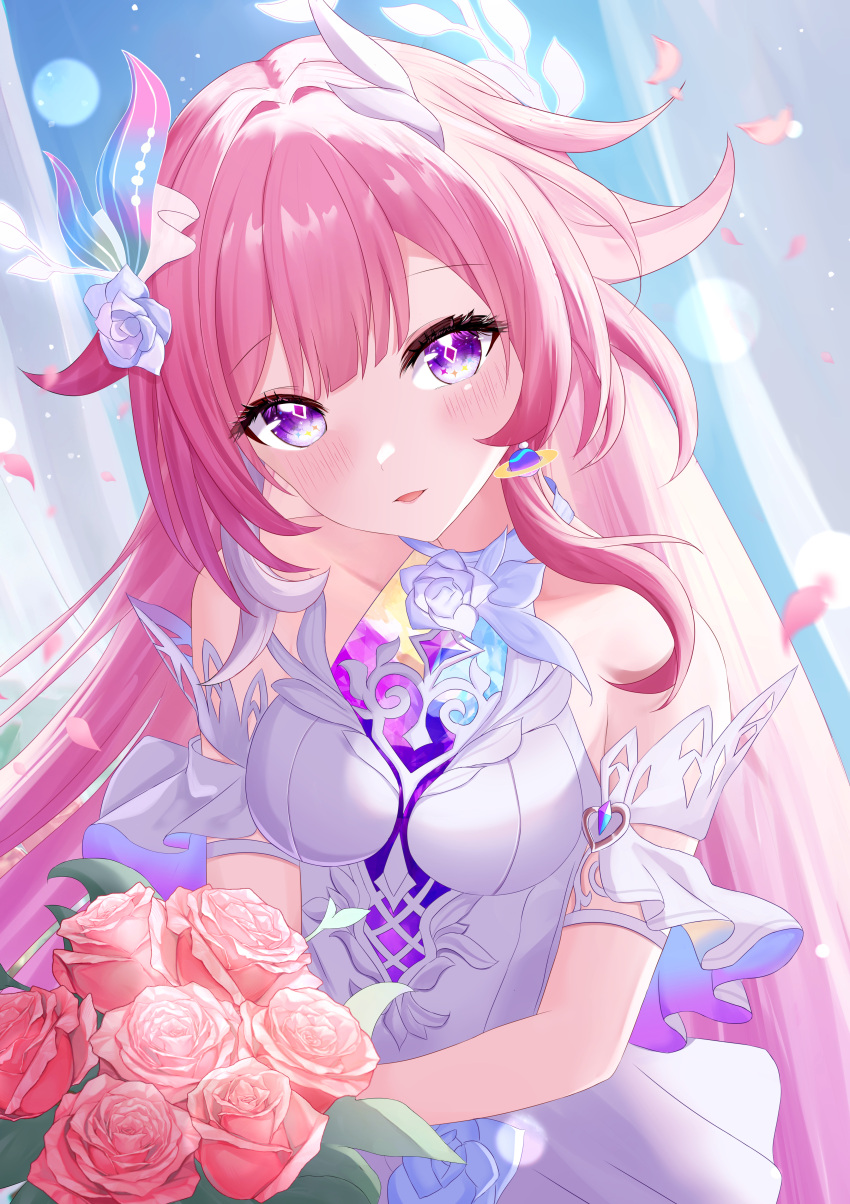 absurdres bare_shoulders blush bouquet breasts cg_xiao_baishu chinese_commentary collarbone commentary_request cyrene_(honkai:_star_rail) cyrene_(ripples_of_past_reverie)_(honkai:_star_rail) diamond-shaped_pupils diamond_(shape) dress falling_petals female flower highres holding holding_bouquet honkai:_star_rail honkai_(series) long_hair looking_at_viewer parted_lips petals pink_flower pink_hair purple_eyes sleeveless sleeveless_dress solo symbol-shaped_pupils very_long_hair white_dress