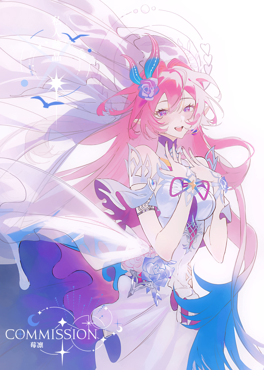 absurdres ajiu0101 aqua_hair breasts chinese_commentary commentary_request commission cyrene_(honkai:_star_rail) cyrene_(ripples_of_past_reverie)_(honkai:_star_rail) diamond-shaped_pupils diamond_(shape) earrings female flower hair_flower hair_ornament highres honkai:_star_rail honkai_(series) jewelry large_breasts long_hair looking_at_viewer multicolored_hair pointy_ears purple_eyes simple_background smile solo symbol-shaped_pupils two-tone_hair very_long_hair white_background