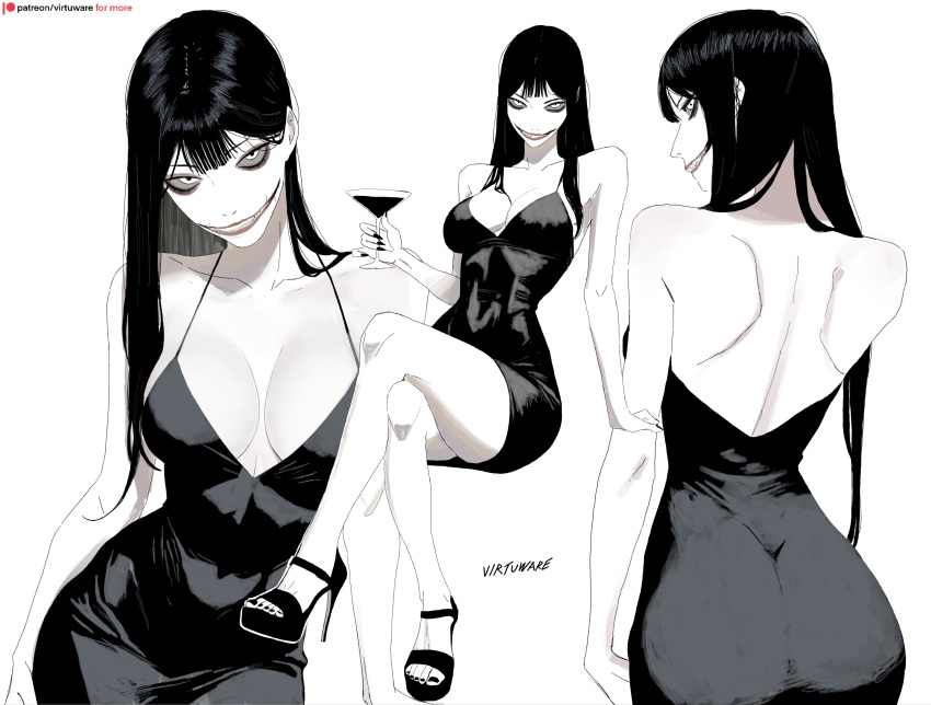 absurdres arm_support back black_hair black_shoes breasts cleavage cocktail_glass commentary contrapposto covered_navel crossed_legs cup dress drinking_glass female glasgow_smile grin halterneck high_heels highres invisible_chair japanese_urban_legends kuchisake-onna large_breasts long_hair narrow_waist shoes short_dress shoulder_blades signature sitting smile stiletto_heels taut_clothes taut_dress virtuware web_address