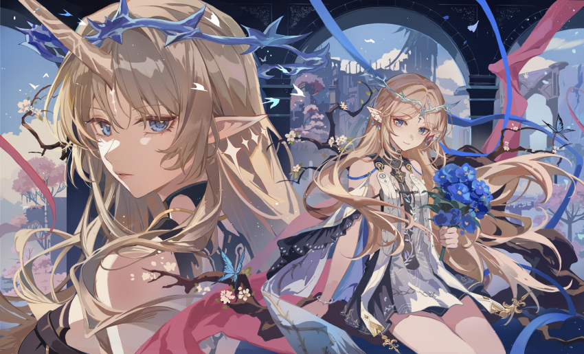 2girls absurdres bare_shoulders black_collar black_dress blonde_hair blue_eyes blue_flower cartethyia_(wuthering_waves) closed_mouth collar commentary crown_of_thorns dress dual_persona earrings english_commentary fleurdelys_(wuthering_waves) flower highres holding holding_flower horns jewelry logo long_hair long_horns looking_at_viewer multiple_girls necklace official_art parted_bangs pointy_ears sidelocks single_horn tabard tacet_mark_(wuthering_waves) white_tabard wuthering_waves yellow_horns zerotabi1210