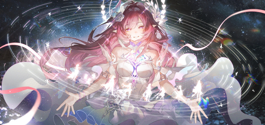 bare_shoulders breasts chinese_commentary commentary_request cyrene_(honkai:_star_rail) cyrene_(ripples_of_past_reverie)_(honkai:_star_rail) diamond-shaped_pupils diamond_(shape) dress female halo highres honkai:_star_rail honkai_(series) imyiths large_breasts long_hair pink_hair purple_eyes solo space symbol-shaped_pupils very_long_hair white_dress