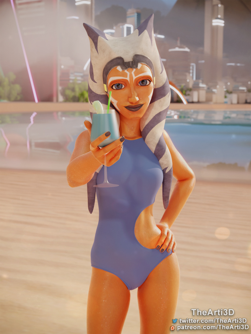 1girls 3d ahsoka_tano airress3d_(3d-modeller) alien alien_girl alien_humanoid beach blue_eyes clone_wars cocktail orange_body orange_skin star_wars swimsuit tentacle_hair the_clone_wars:_season_seven thearti3d togruta