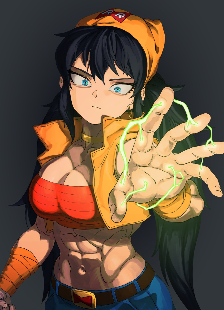 1girls abs android_22 attacking_viewer belly_button black_hair blue_eyes dragon_ball dragon_ball_z electricity energy fit_female imminent_attack incoming_attack large_breasts looking_at_viewer muscular_arms muscular_female navel oc original_character serious serious_look six_pack solo solo_female zquung