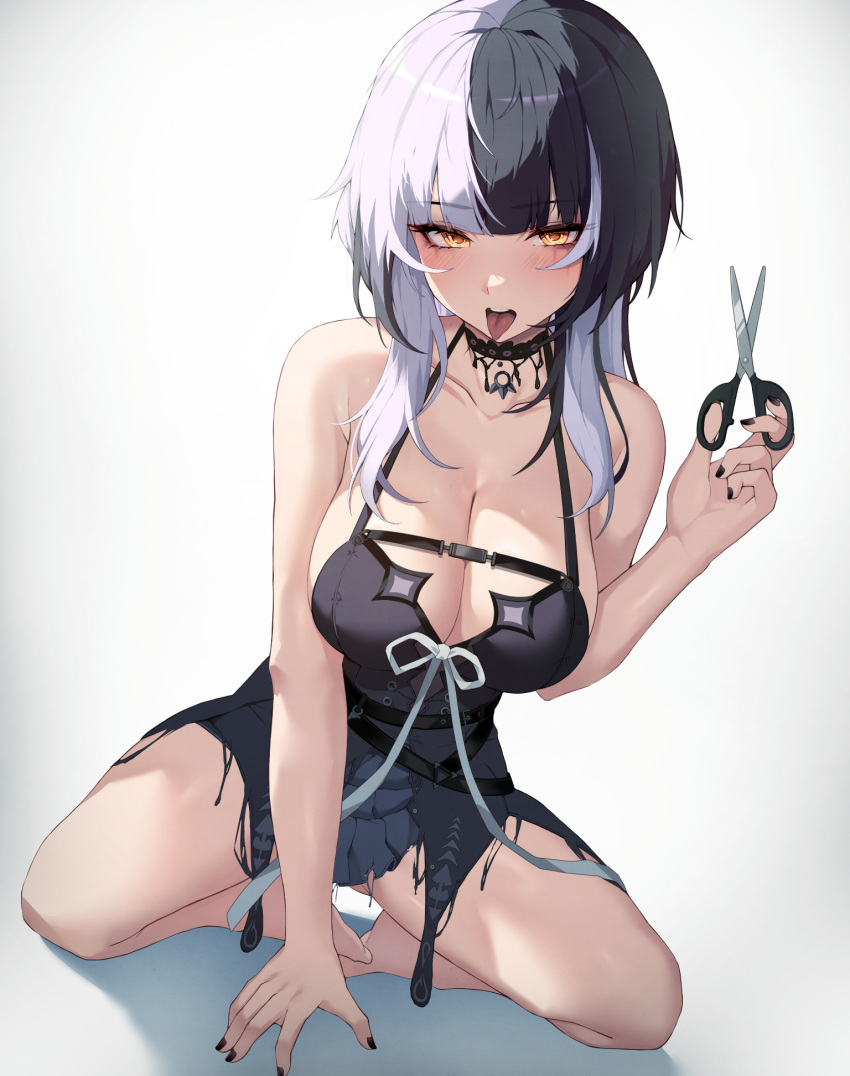 barefoot black_choker black_hair black_nails breasts choker cleavage elbow_gloves female gloves grey_hair highres holding holding_scissors hololive hololive_english large_breasts lessone looking_at_viewer multicolored_hair paid_reward_available scissors shiori_novella shiori_novella_(1st_costume) simple_background single_thighhigh solo split-color_hair striped_clothes striped_gloves thighhighs thighs tongue tongue_out virtual_youtuber white_background yellow_eyes