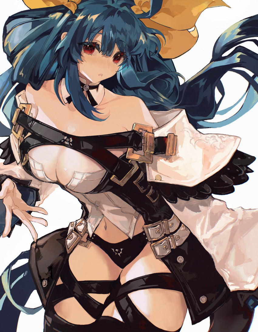 absurdres bare_shoulders belt black_panties black_thighhighs blue_hair breasts choker cleavage clothing_cutout collarbone detached_collar detached_sleeves dizzy_(guilty_gear) female found_modori guilty_gear guilty_gear_xrd hair_between_eyes hair_ribbon hair_rings highres large_breasts long_sleeves mature_female midriff monster_girl navel open_mouth panties red_eyes ribbon shaded_face sidelocks solo tail thick_thighs thigh_strap thighhighs thighs twintails underwear white_background wide_sleeves yellow_ribbon