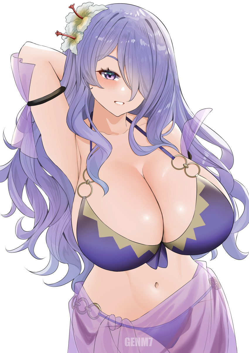 absurdres arm_behind_head arm_up artist_name bikini breasts camilla_(fire_emblem) camilla_(summer)_(fire_emblem) cleavage collarbone female fire_emblem fire_emblem_fates fire_emblem_heroes flower genm7 hair_flower hair_ornament hair_over_one_eye highres huge_breasts looking_at_viewer nail_polish navel o-ring o-ring_bikini official_alternate_costume pink_nails purple_bikini purple_eyes purple_hair purple_nails sarong see-through see-through_sarong smile solo swimsuit teeth upper_body wavy_hair white_background