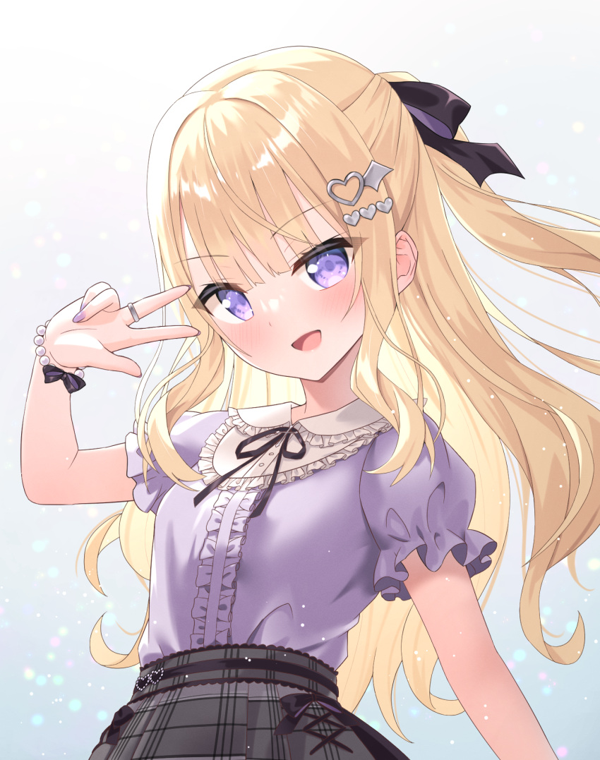 :d bettle_(b_s_a_n) black_ribbon black_skirt blonde_hair bracelet female hair_ornament hair_ribbon hairclip heart heart_hair_ornament highres jewelry long_hair pearl_bracelet plaid plaid_skirt purple_eyes purple_nails re:act ribbon ring short_sleeves skirt smile solo tsukushi_aria upper_body virtual_youtuber