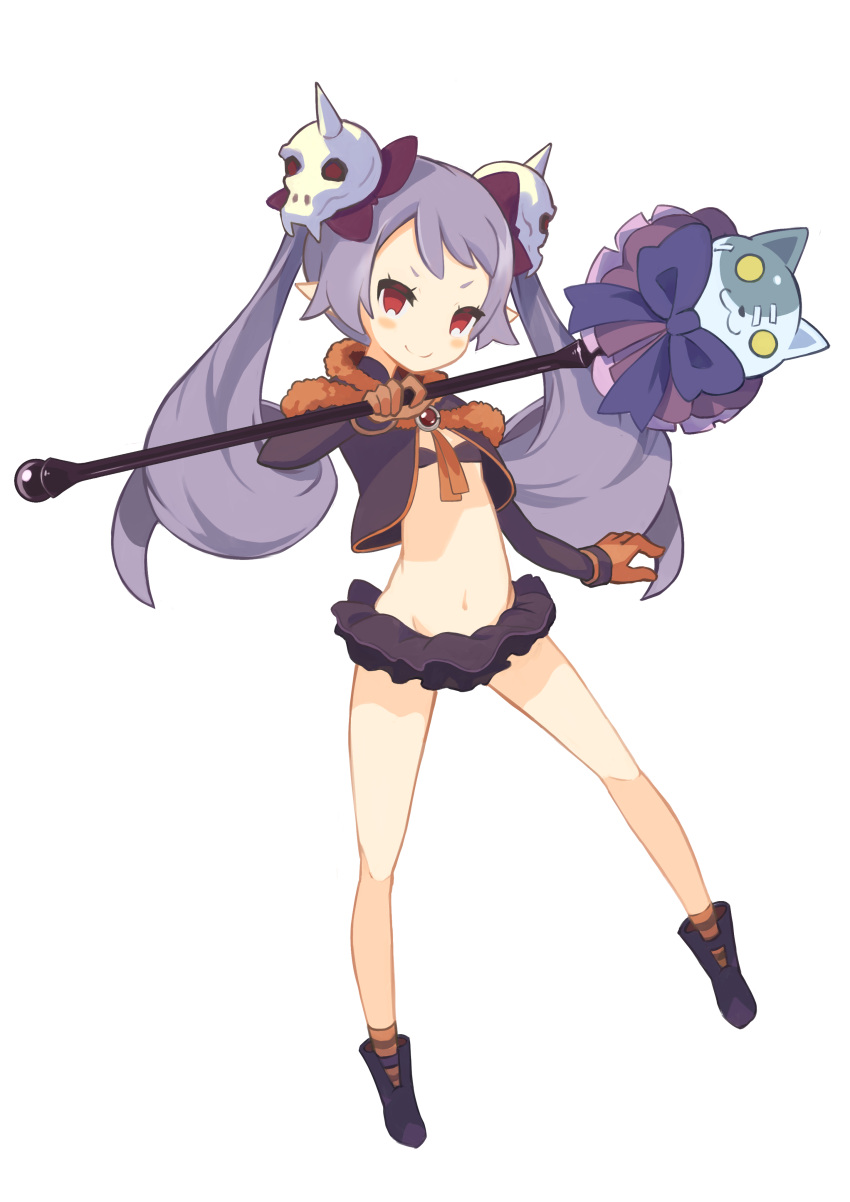 absurdres anzai_growth bare_legs bow closed_mouth disgaea female full_body gloves hair_ornament highres holding holding_staff long_hair looking_at_viewer majorita_(disgaea) makai_senki_disgaea_5 microskirt midriff navel no_nose orange_gloves orange_socks pointy_ears purple_bow purple_footwear purple_hair purple_skirt red_eyes shoes skirt skull_hair_ornament smile socks solo staff striped_clothes striped_socks twintails white_background