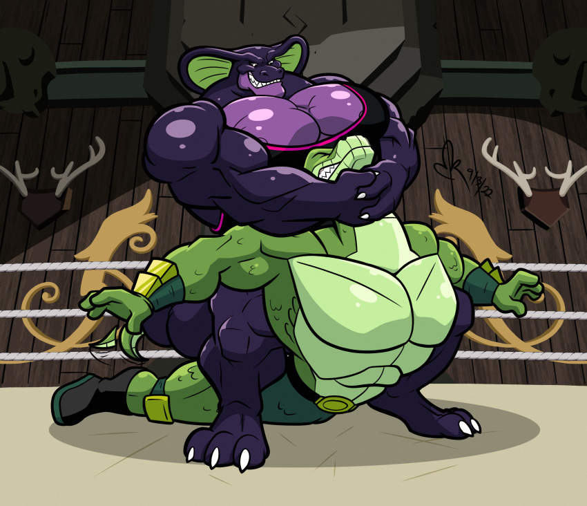 abs anthro belt biceps boots bottomwear claws closed_eyes clothing disney ducktales ducktales_(2017) duo fighting_ring footwear gepredators green_body handwear hi_res jormungandr_(ducktales) king_sethrophe male mammal muscular muscular_male pecs purple_body reptile scalie smile smirk snake struggling teeth topwear wrestling wrestling_singlet