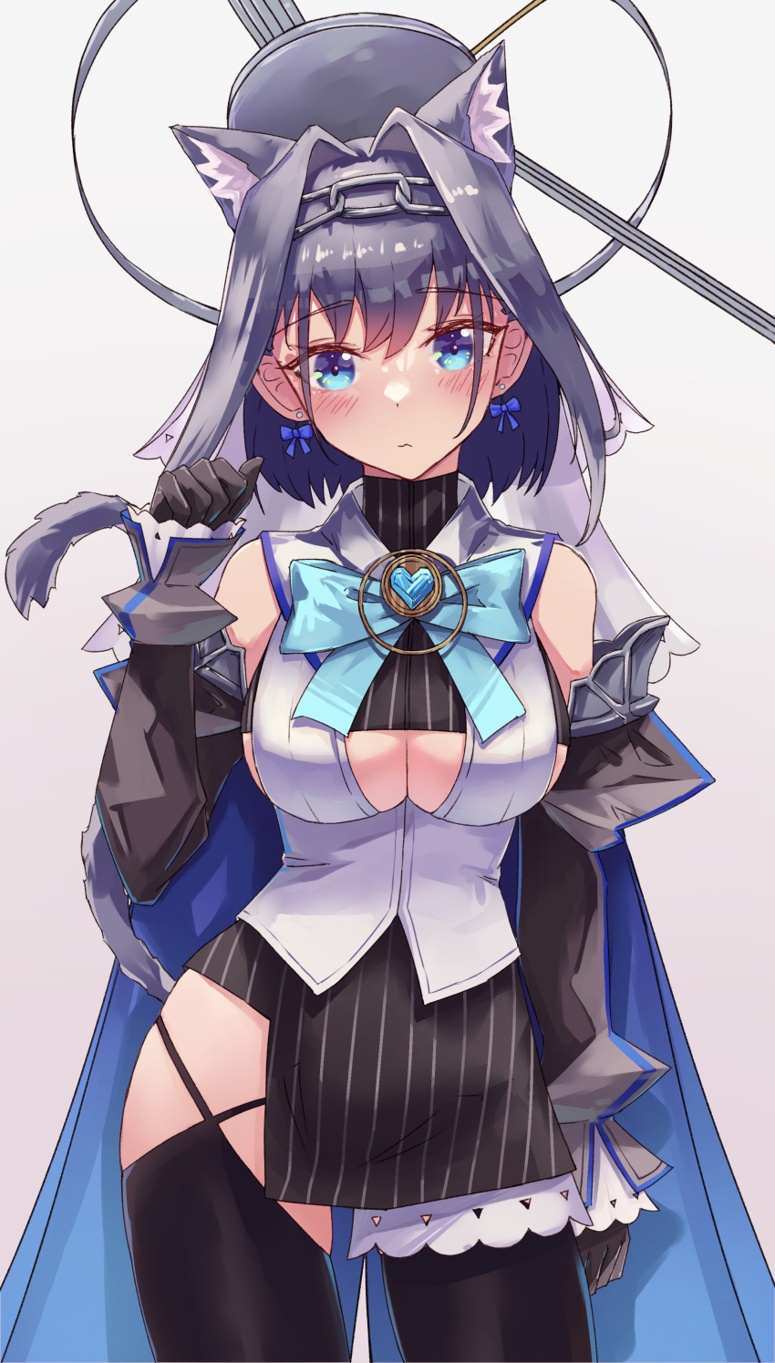 absurdres animal_ears black_gloves black_thighhighs blue_cape blue_eyes blue_hair blush bow bow_earrings bowtie breasts cape cat_ears cat_tail chain_headband chains cleavage_cutout closed_mouth clothing_cutout commentary cowboy_shot detached_sleeves earrings female gloves hair_intakes halo headband highres hololive hololive_english jewelry large_breasts looking_at_viewer mechanical_halo miniskirt ouro_kronii paw_pose shironekokfp skirt solo tail thighhighs veil virtual_youtuber