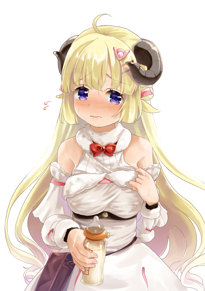 ahoge animal_ears blonde_hair blush bottle braid breasts covered_nipples detached_sleeves dress female flying_sweatdrops frown fur_trim hair_ornament hairclip half_updo highres hololive horns lactation lactation_through_clothes long_hair looking_at_viewer medium_breasts milk_bottle ohiensis purple_eyes sheep_ears sheep_girl sheep_horns solo tsunomaki_watame tsunomaki_watame_(1st_costume) very_long_hair virtual_youtuber wavy_mouth white_dress