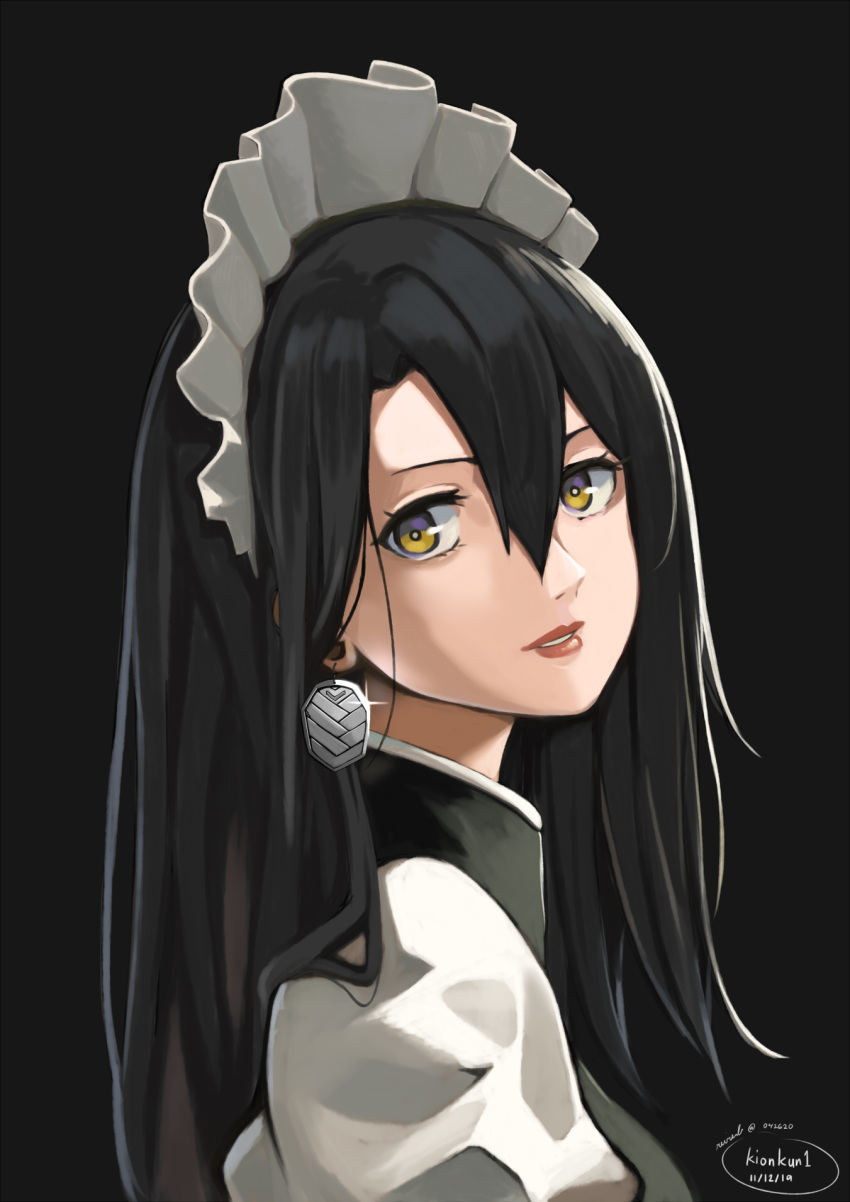 agent_(girls'_frontline) alternate_hairstyle artist_name black_background black_hair commentary dated drop_earrings earrings emblem english_commentary engrish_commentary eyelashes female from_side girls'_frontline highres jewelry kion-kun lips lipstick long_hair looking_at_viewer maid maid_headdress makeup no_hair_ornament parted_lips sangvis_ferri simple_background solo token_(girls'_frontline) upper_body yellow_eyes