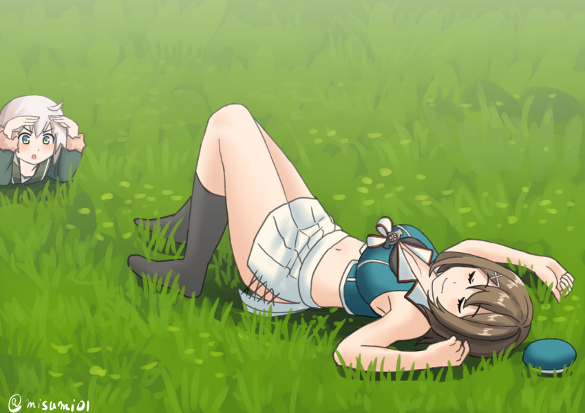 2girls breasts brown_hair cleavage closed_eyes commentary_request female_pervert fur-trimmed_sleeves fur_trim grass green_eyes hat implied_pantyshot kantai_collection kneehighs large_breasts long_hair long_sleeves maya_(kancolle) maya_kai_ni_(kancolle) midriff miniskirt misumi_(niku-kyu) multiple_girls navel outdoors pervert shimushu_(kancolle) shimushu_pose short_hair skirt sleeping sleeveless socks solo_focus unworn_hat unworn_headwear white_hair