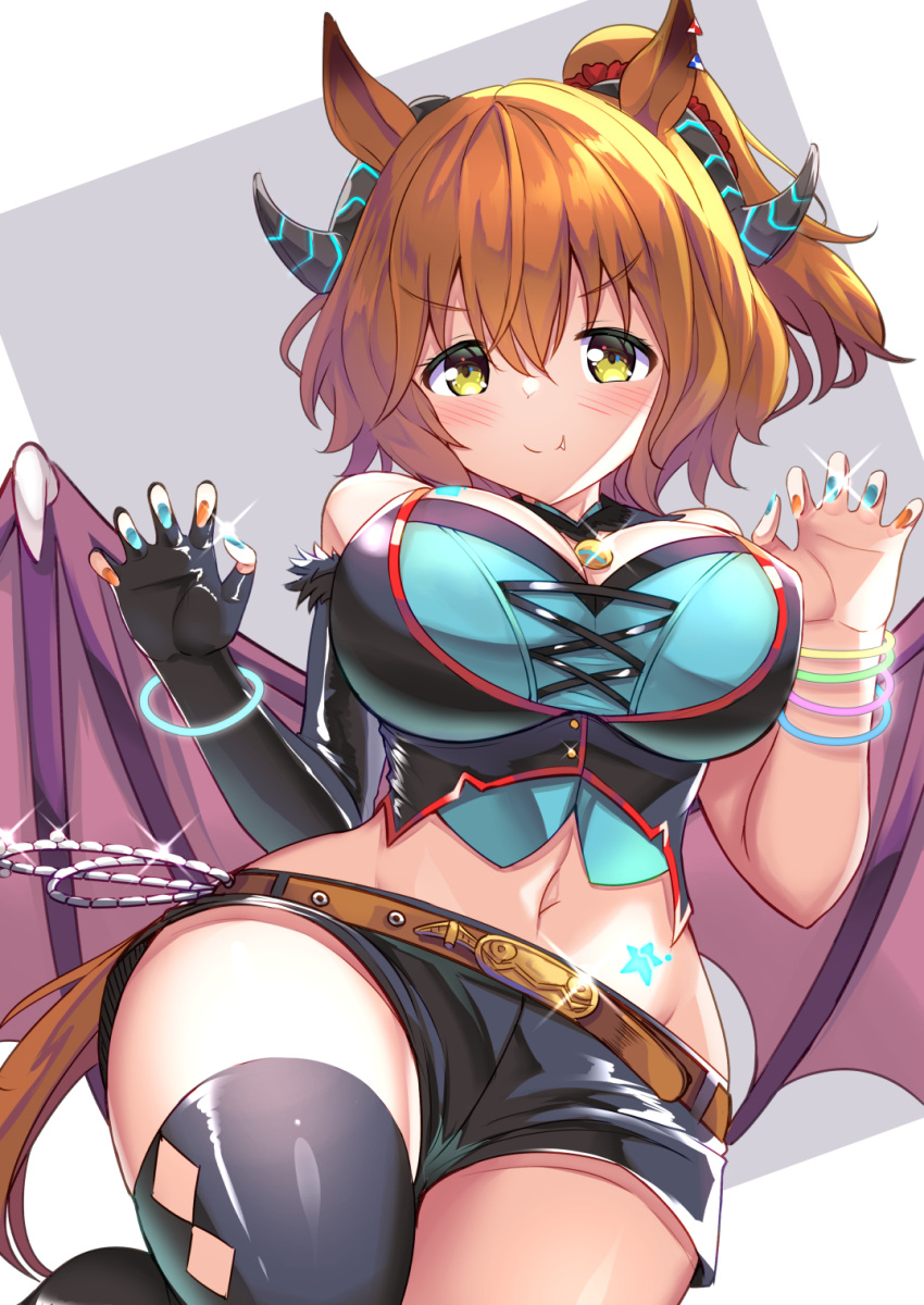 alternate_costume animal_ears aston_machan_(umamusume) belt blush breasts cleavage cosplay crop_top female green_eyes highres horse_ears horse_girl horse_tail large_breasts looking_at_viewer medium_hair mejiro_palmer_(devil_in_the_moonlight)_(umamusume) mejiro_palmer_(umamusume) mejiro_palmer_(umamusume)_(cosplay) midriff navel oerba_yun_fang shorts smile solo tail umamusume yuutopia