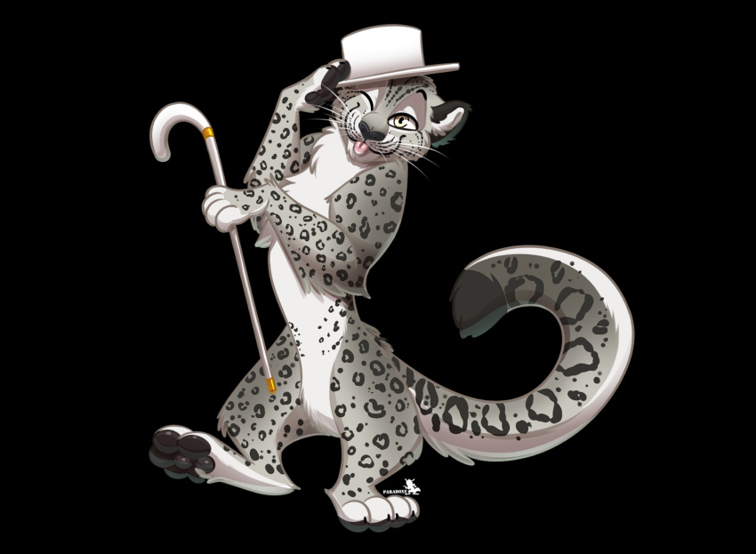 absurd_res anthro black_background black_pawpads black_spots black_tipped_tail blep cane chest_tuft clothing dancing felid feral fur hat headgear headwear hi_res male mammal one_eye_closed pantherine paradoxe pawpads simple_background snow_leopard solo spots tongue tongue_out top_hat top_hat_only tuft whiskers white_body white_fur wink