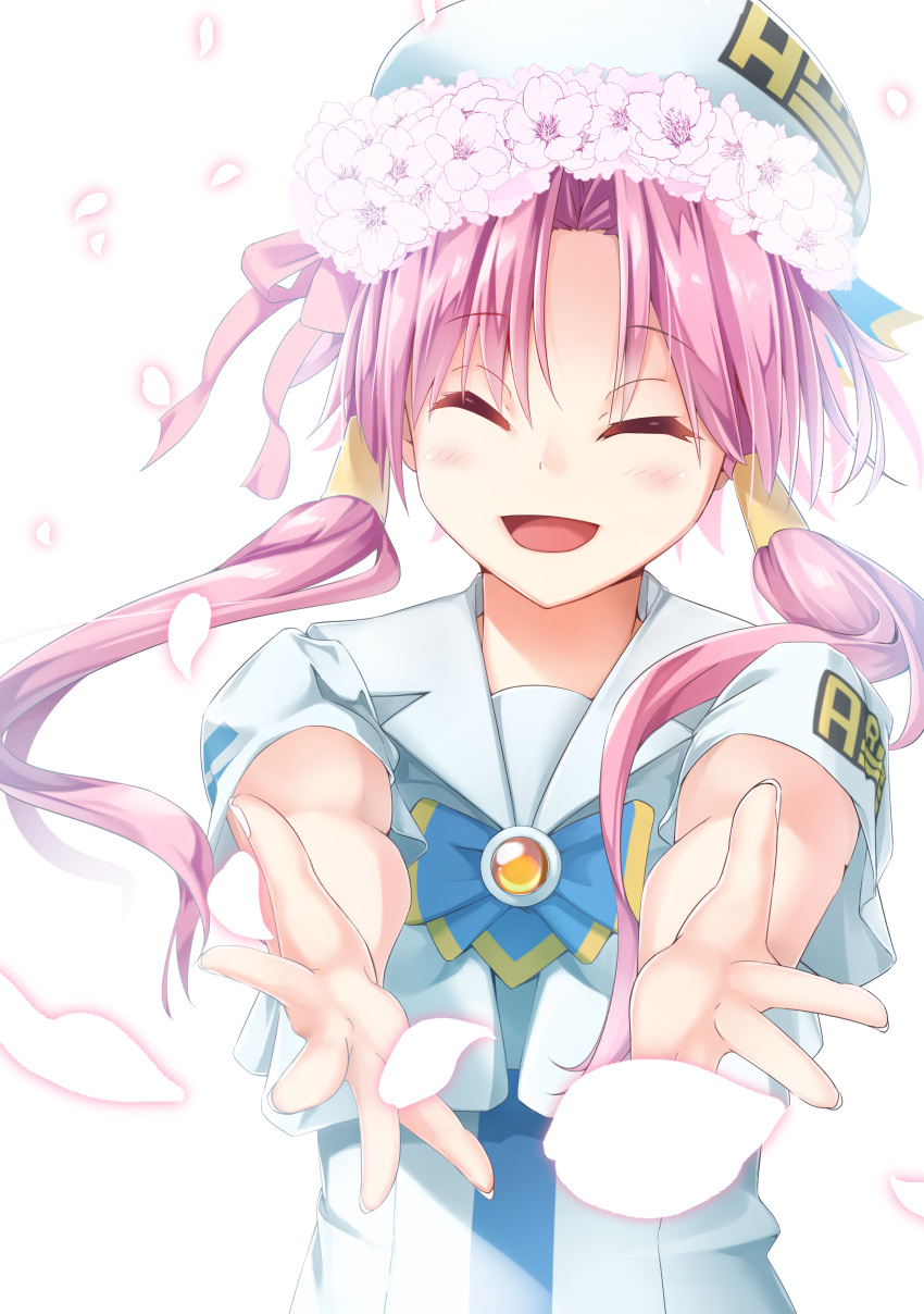 ^_^ absurdres aria_(manga) aria_company_uniform bananatsukis blouse blue_bow blue_bowtie blush bow bowtie cherry_blossoms closed_eyes crop_top dress female green_eyes hair_tubes hat head_wreath highres mizunashi_akari open_mouth outstretched_arms outstretched_hand petals pink_hair pink_ribbon reaching reaching_towards_viewer ribbon sailor_collar shirt short_hair_with_long_locks short_sleeves sidelocks smile solo upper_body white_dress white_shirt wreath