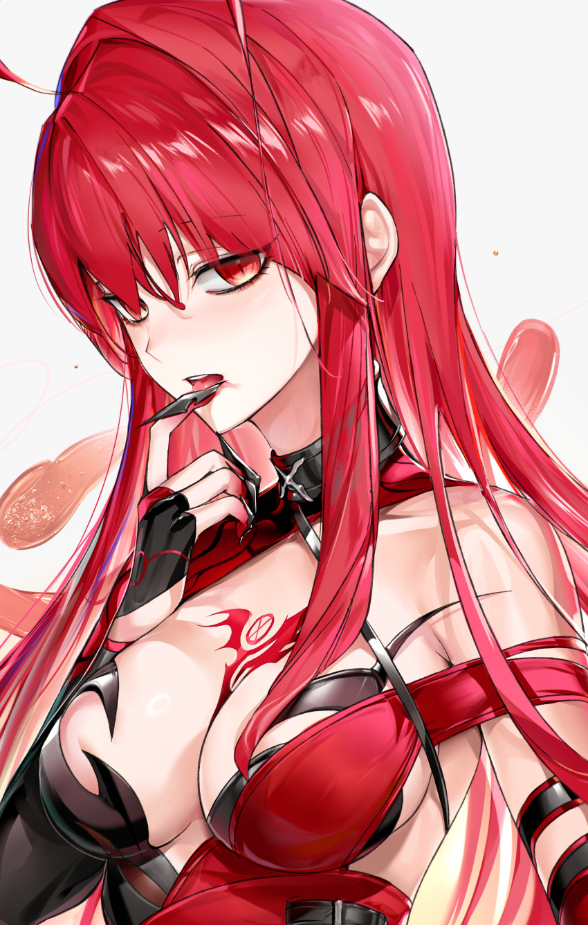 absurdres black_dress black_gloves blood blood_on_face bloody_queen_(elsword) breasts chest_tattoo cleavage commentary dress elesis_(elsword) elsword female fingerless_gloves gloves highres long_hair looking_at_viewer medium_breasts red_dress red_eyes red_hair slit_pupils solo straight_hair tanjel tattoo two-tone_dress very_long_hair white_background