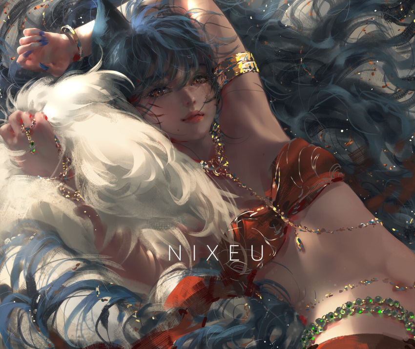 ahri_(league_of_legends) animal_ears arm_pillow armlet arms_up blue_hair blue_nails bracelet breasts brown_eyes cleavage closed_mouth facial_mark female fingernails fox_ears fox_tail gem jewelry league_of_legends light_smile long_hair looking_at_viewer medium_breasts messy_hair midriff mole mole_under_mouth multiple_tails nail_polish navel necklace nixeu ring sharp_fingernails smile solo strapless tail tail_pillow upper_body whisker_markings