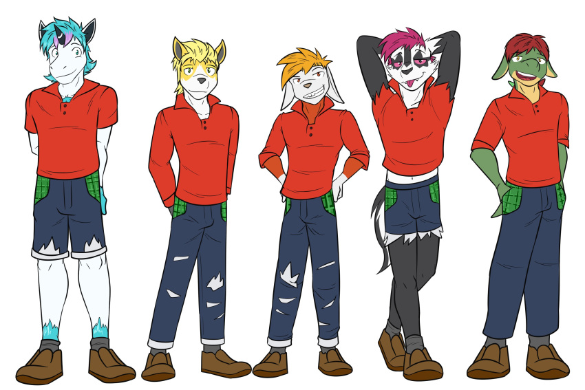 3:2 anthro anthrofied appletun boltund bottomwear clothed clothing cosplay cutoffs davie_(fuze) denim denim_bottomwear denim_clothing ed_(fuze) footwear fully_clothed fuze galarian_form galarian_linoone galarian_ponyta galarian_zigzagoon generation_8_pokemon group hands_behind_head hands_on_hips hi_res jeans king_(fuze) male navel nintendo pants pokemon pokemon_(species) pokemorph polo_shirt raboot regional_form_(pokemon) shirt shoes shorts simple_background socks tongue tongue_out topwear torn_sleeves victor_(pokemon) white_background