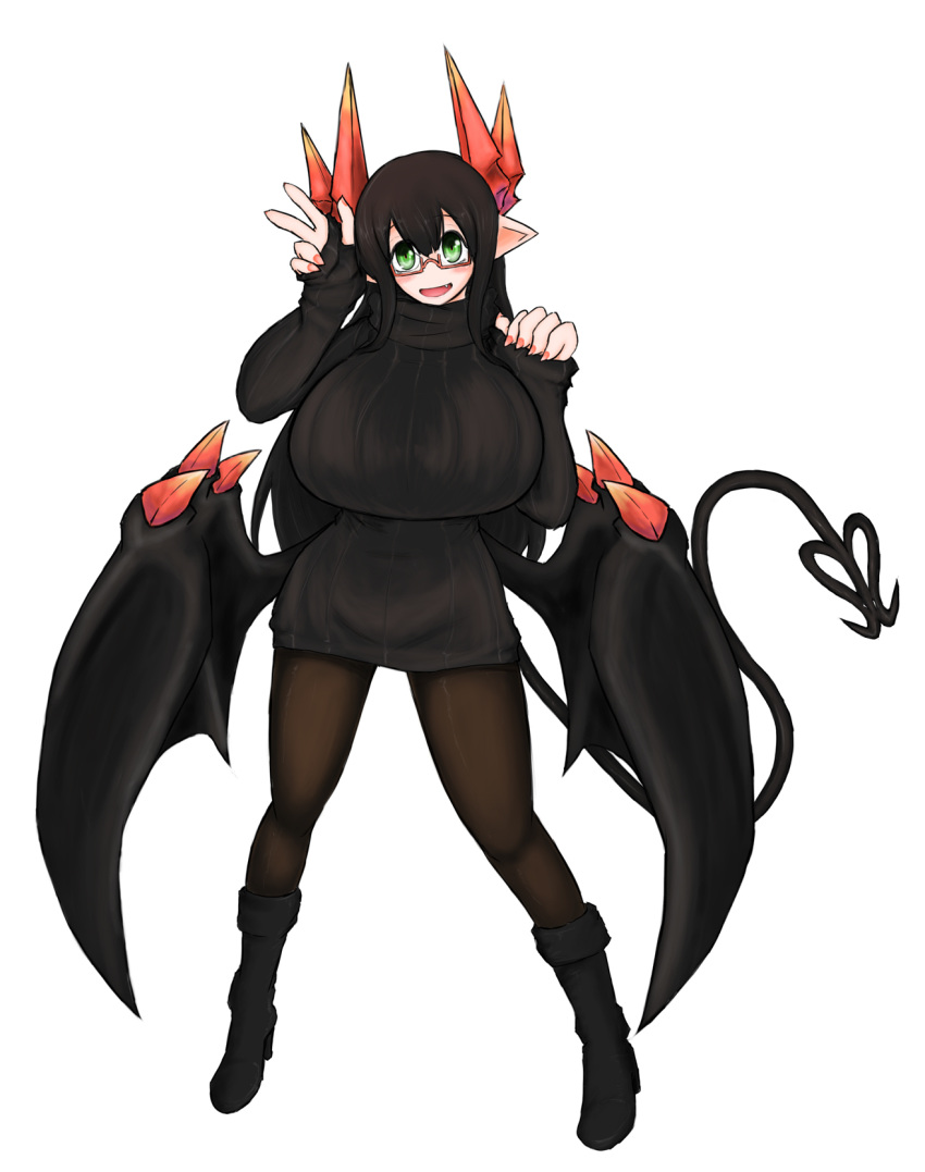 black_footwear black_hair black_sweater black_tail black_wings boots breasts cowboy_shot demon_girl demon_horns demon_tail dress female full_body glasses highres horns j_14180 merii_(mazohaha) musuko_ga_kawaikute_shikatanai_mazoku_no_hahaoya oerba_yun_fang pantyhose pointy_ears red-framed_eyewear ribbed_sweater semi-rimless_eyewear sweater sweater_dress tail under-rim_eyewear white_background wings