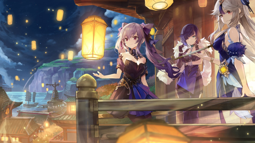 3girls bare_shoulders black_choker black_dress blue_hair building choker commentary_request cone_hair_bun dress genshin_impact goomrrat green_eyes hair_bun hair_ribbon highres keqing_(genshin_impact) keqing_(opulent_splendor)_(genshin_impact) lantern long_hair multiple_girls night night_sky ningguang_(genshin_impact) ningguang_(orchid's_evening_gown)_(genshin_impact) off-shoulder_dress off_shoulder outdoors paper_lantern purple_eyes purple_hair railing red_eyes ribbon short_sleeves sky standing twintails very_long_hair white_hair yelan_(genshin_impact)