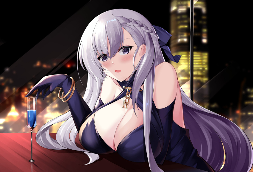 alcohol azur_lane bare_shoulders belfast_(azur_lane) belfast_(the_noble_attendant)_(azur_lane) braid breast_rest breasts champagne champagne_flute cityscape cleavage commentary criss-cross_halter cup dress drinking_glass elbow_gloves female french_braid gloves hair_ribbon halter_dress halterneck highres indoors large_breasts light_purple_hair long_hair looking_at_viewer night official_alternate_costume purple_gloves purple_ribbon ribbon sleeveless sleeveless_dress solo yan_lie